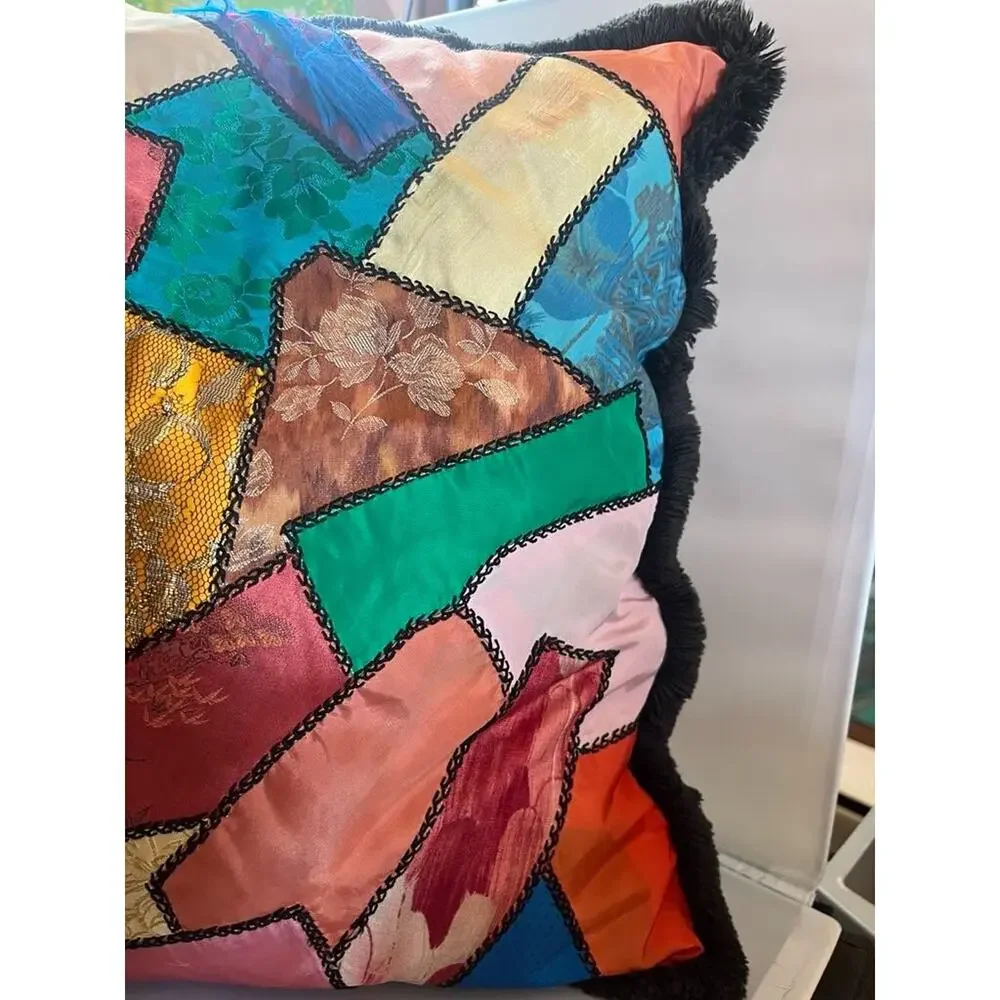 Old Patchwork Crazy Quilt Fabric Throw Pillow Handmade Victorian Style